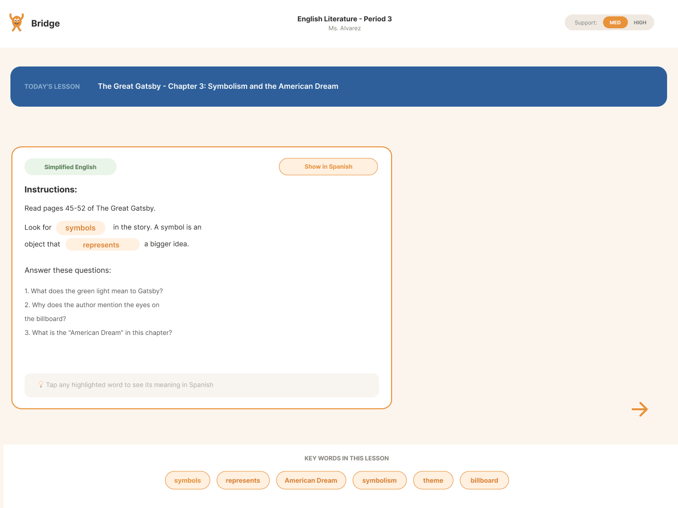 Bridge student lesson — adjustable support and tap-to-translate vocabulary