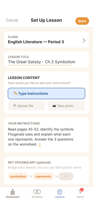 Bridge teacher lesson setup