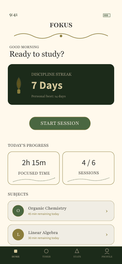 Fokus home dashboard — discipline streak and daily progress