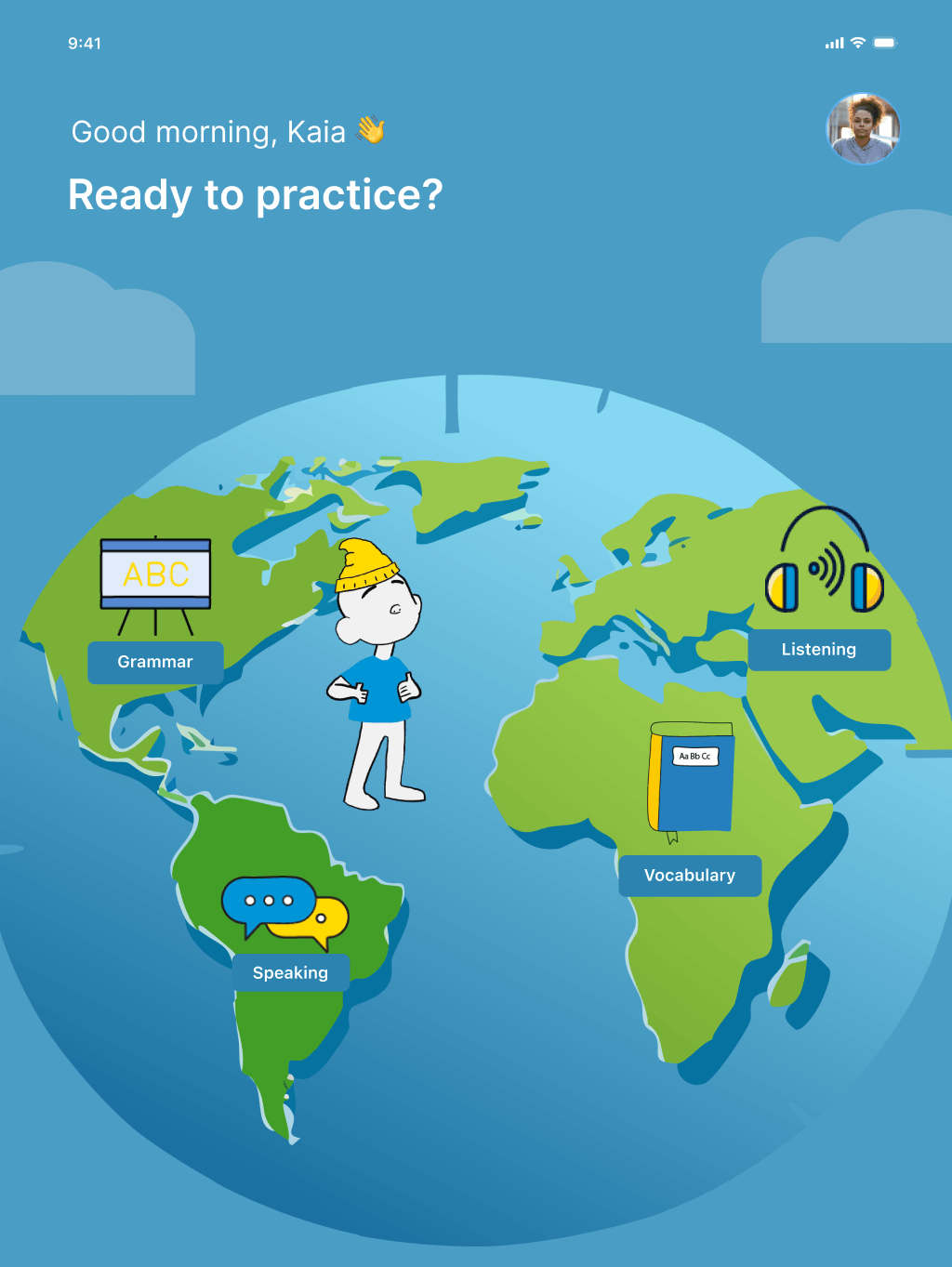 Linguist world-map dashboard — skills as continents