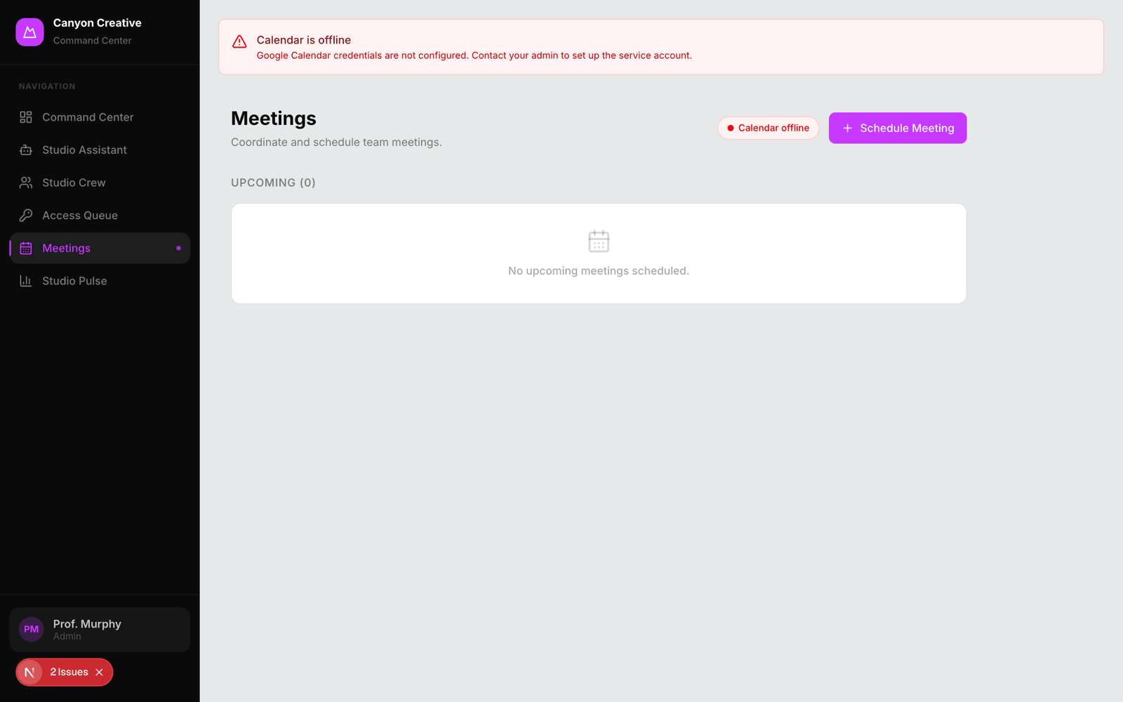 Canyon Creative admin meetings page with Google Calendar