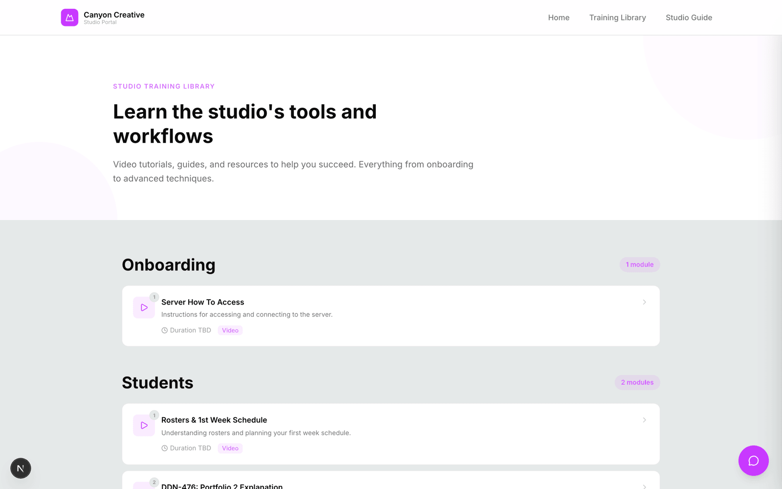 Canyon Creative Studio Portal — role-aware training library