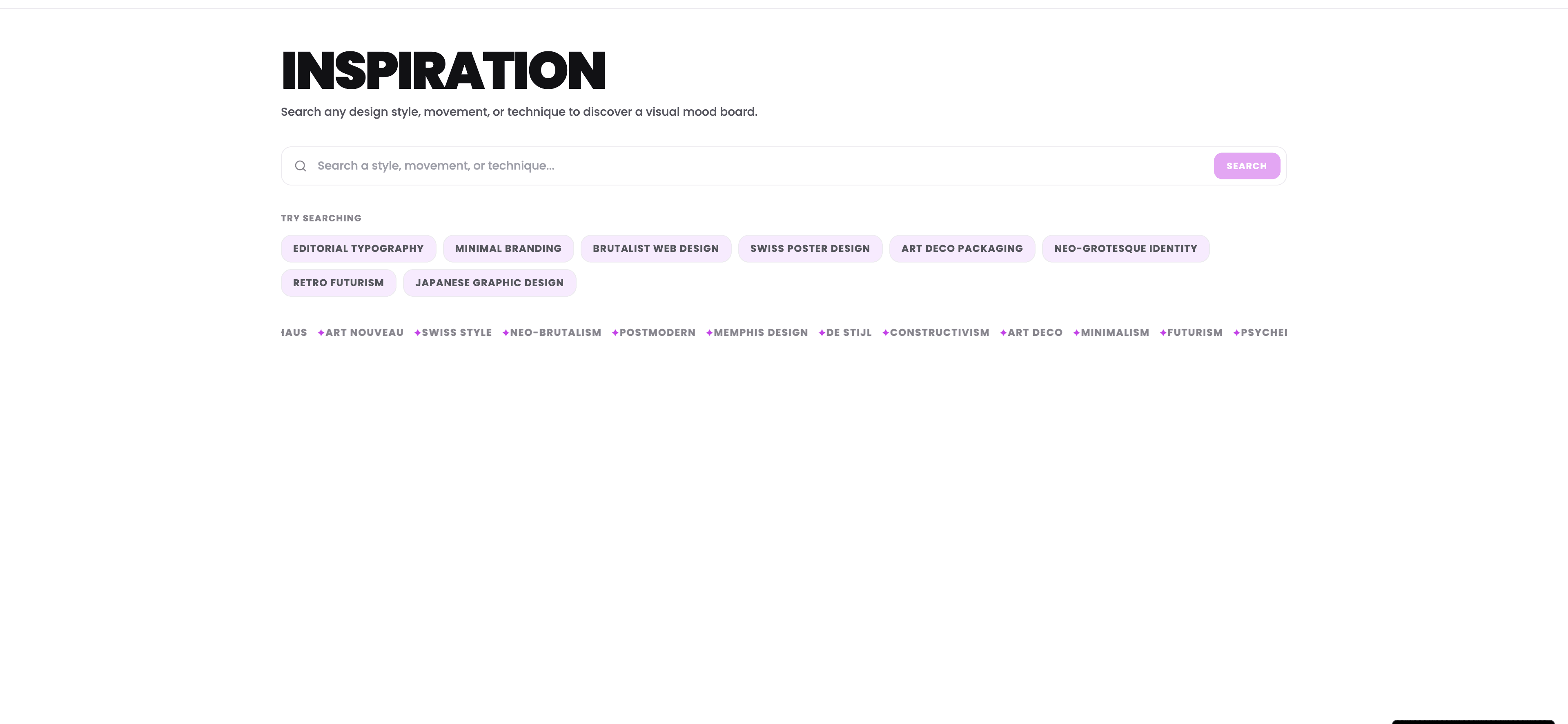 Craft Inspiration search page with style chips and movement tags