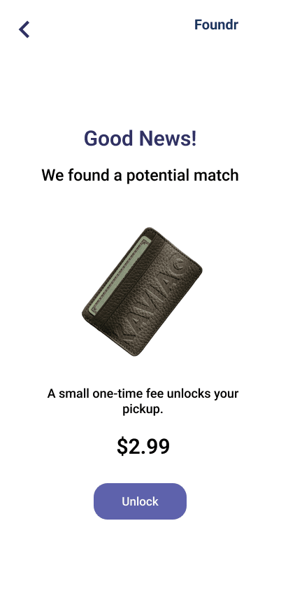 Foundr app — potential match found, $2.99 unlock