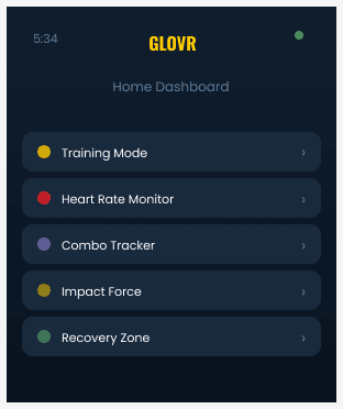 GLOVR watch home dashboard